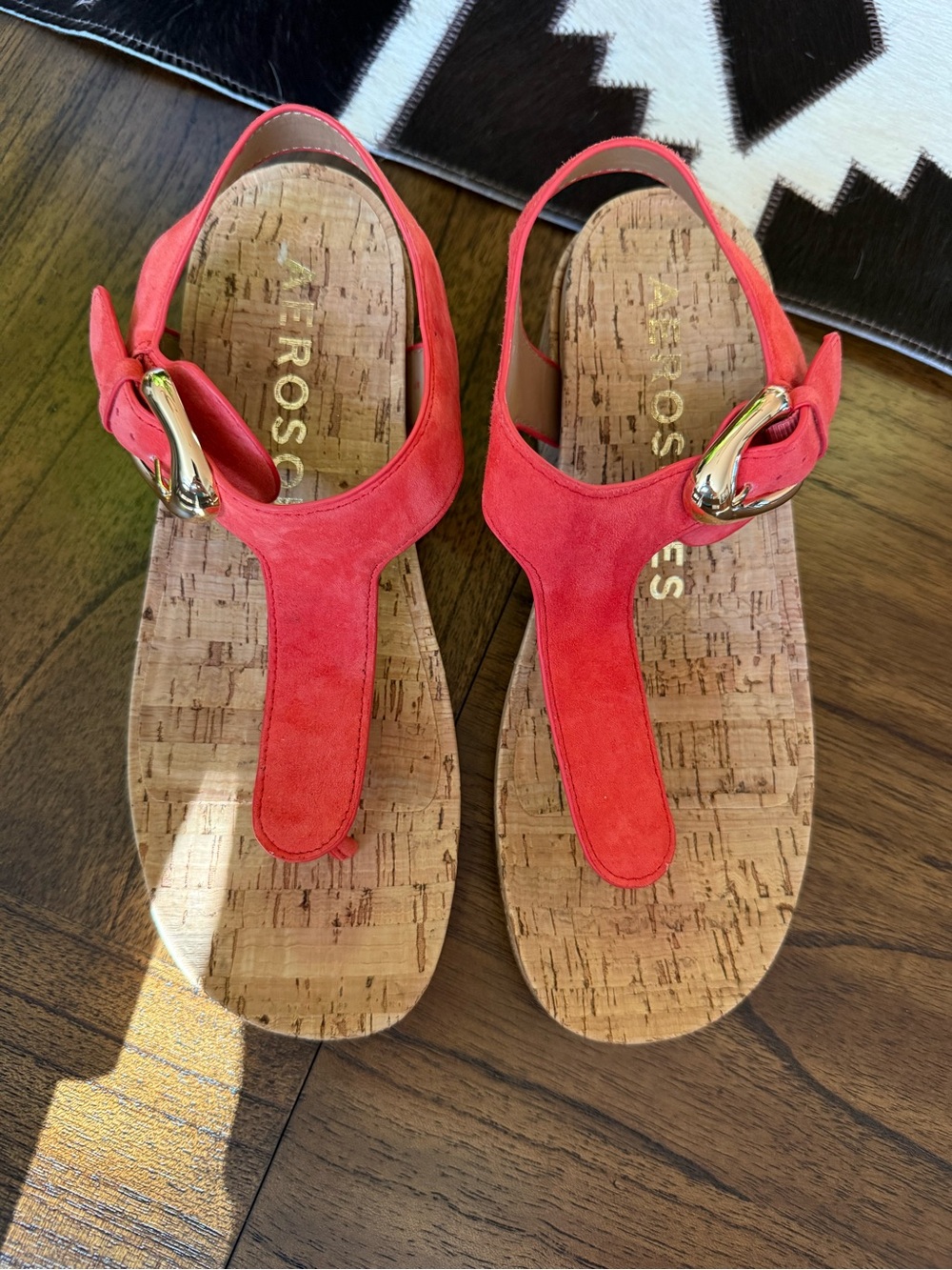 AEROSOLES Coral Suede Cork T-Strap Sandals with Gold Buckle